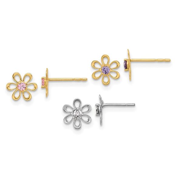 Kazi Luxury 14k Yellow Gold & White Gold Multi-color CZ Flower Post Earring Set